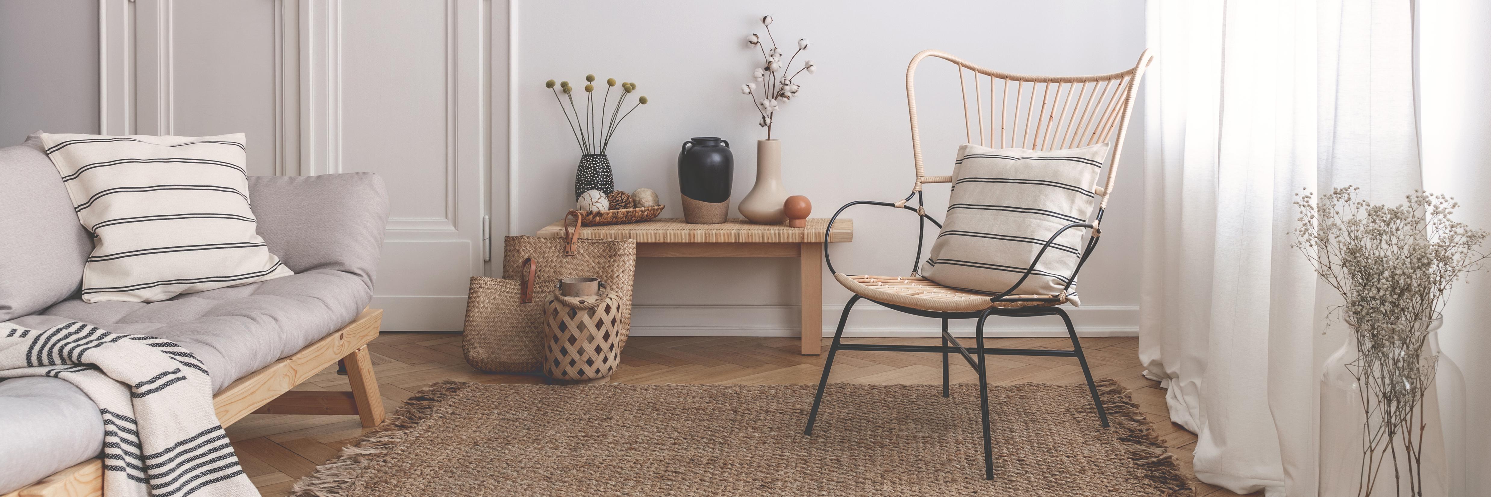 A calm living room with natural textures and soft neutral colors